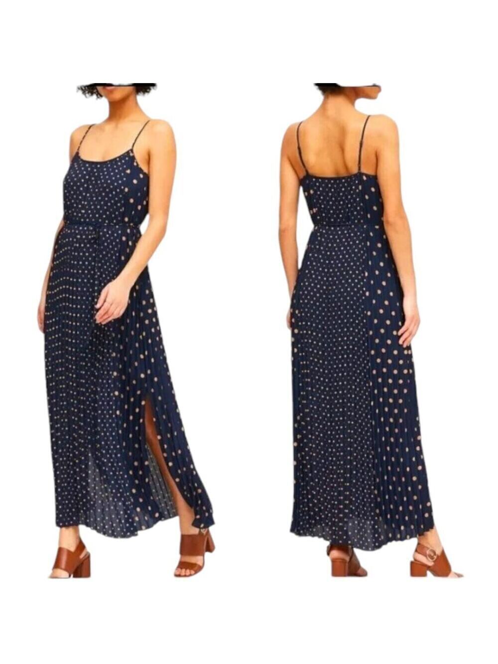 NWT Banana Republic Navy Beige Polka Dot Pleated Maxi Dress Belted Waist Size 4 - Picture 1 of 7